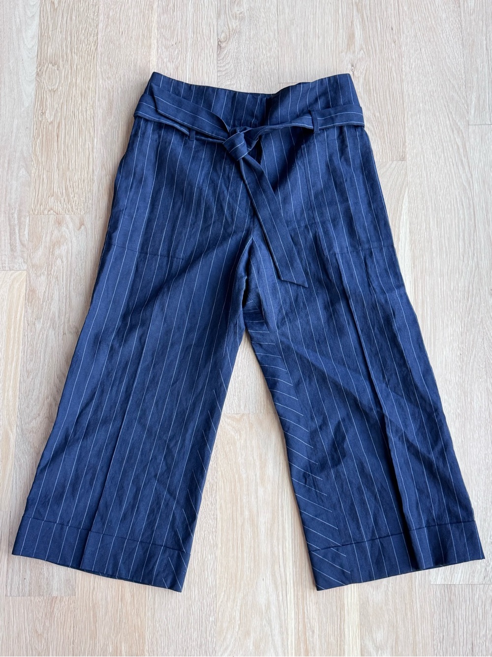 Brunello Cucinelli Navy Pinstripe Wide-Leg Crop Pants with Tie Waist
